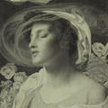 Black and white chalk drawing of a woman with eyes closed, surrounded by flowers and loose cloth