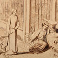 Line drawing of a woman passing two other women sat on steps