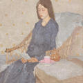 Painting by Gwen John of a young woman in a blue dress, sat reading in a wicker chair