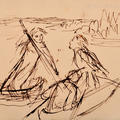 Drawing by Elizabeth Siddal of two men in a boat and a woman punting