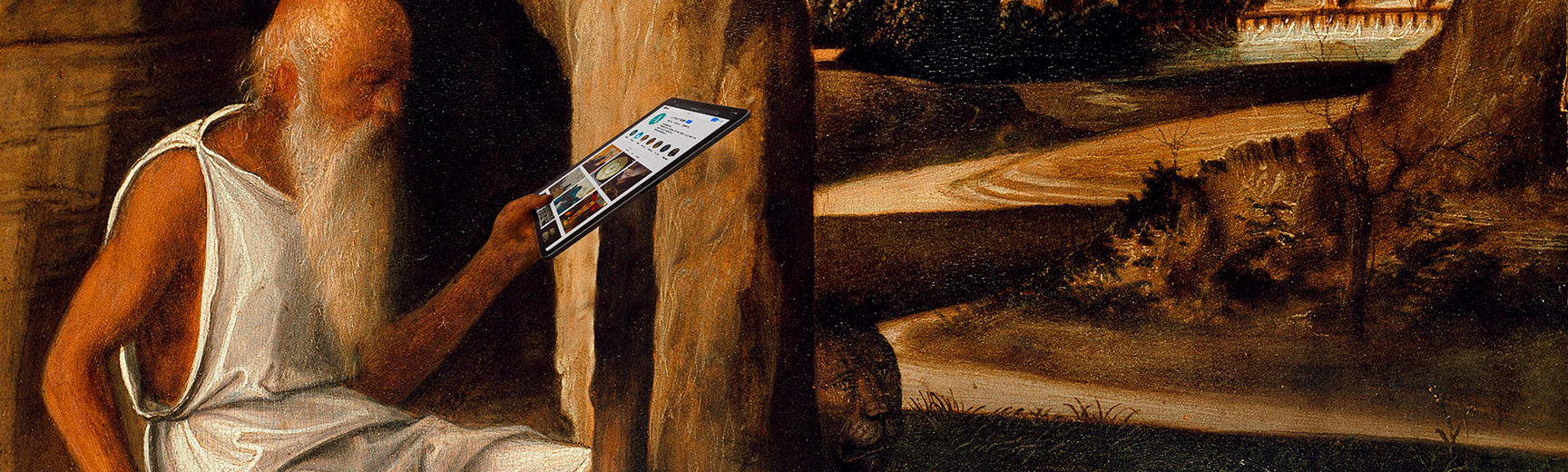 A painting of St Jerome Reading in a Landscape, by Giovanni Bellini, with St Jerome holding an iPad