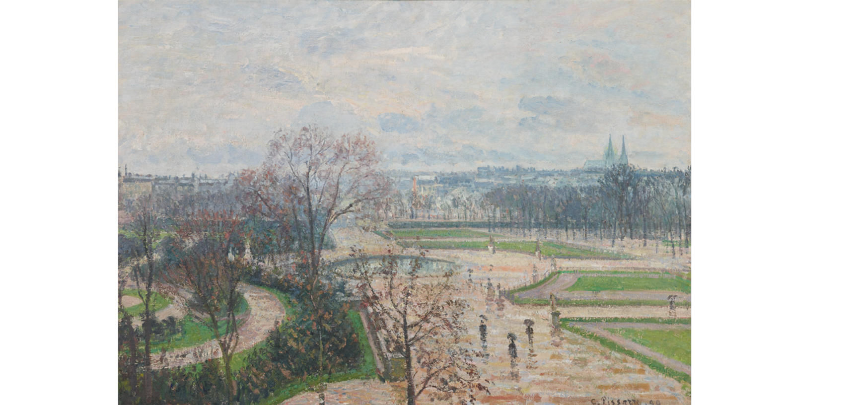 Impressionist painting by Camille Pissarro of landscaped gardens in the rain, with a cloudy sky behind