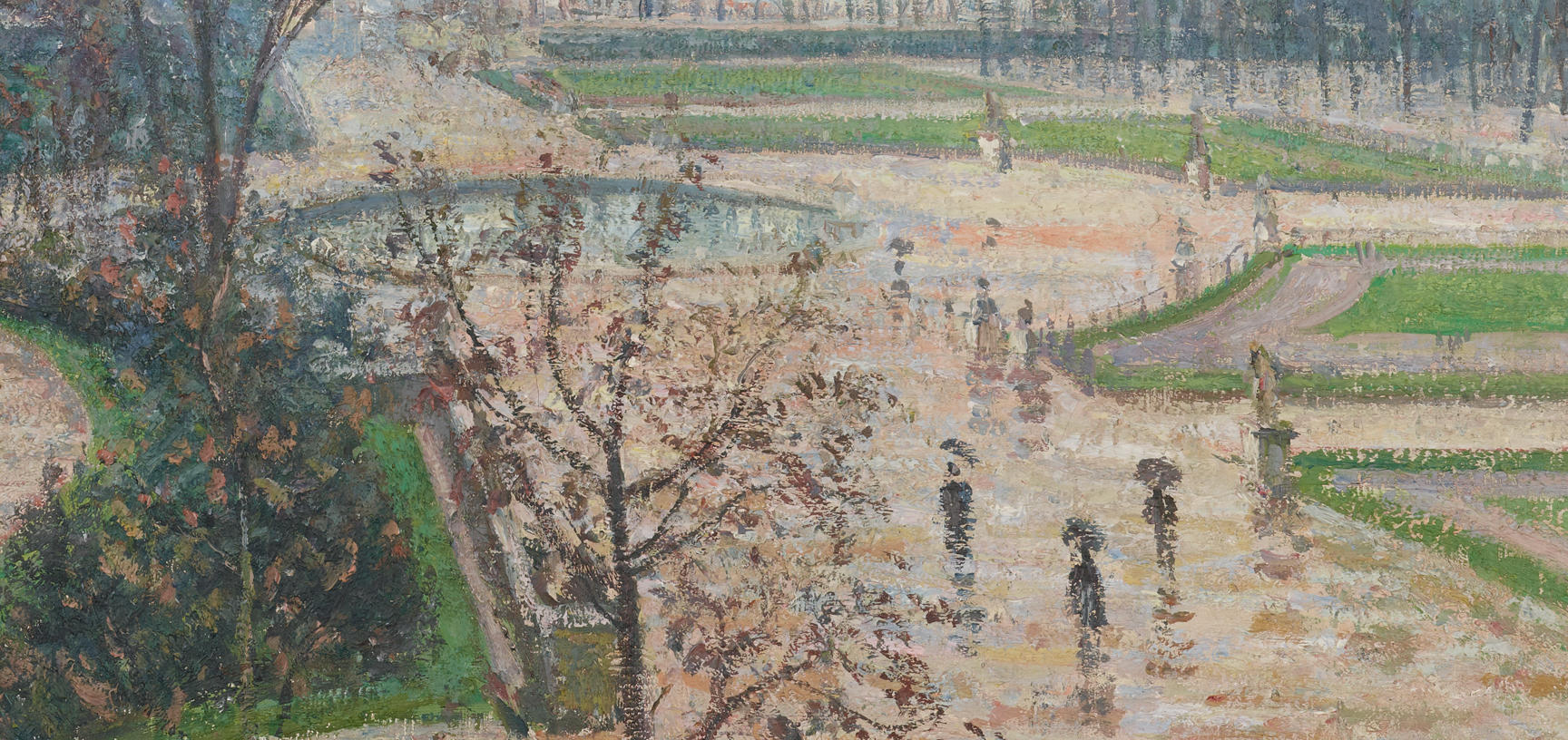 Impressionist painting by Camille Pissarro of landscaped gardens in the rain, with a cloudy sky behind