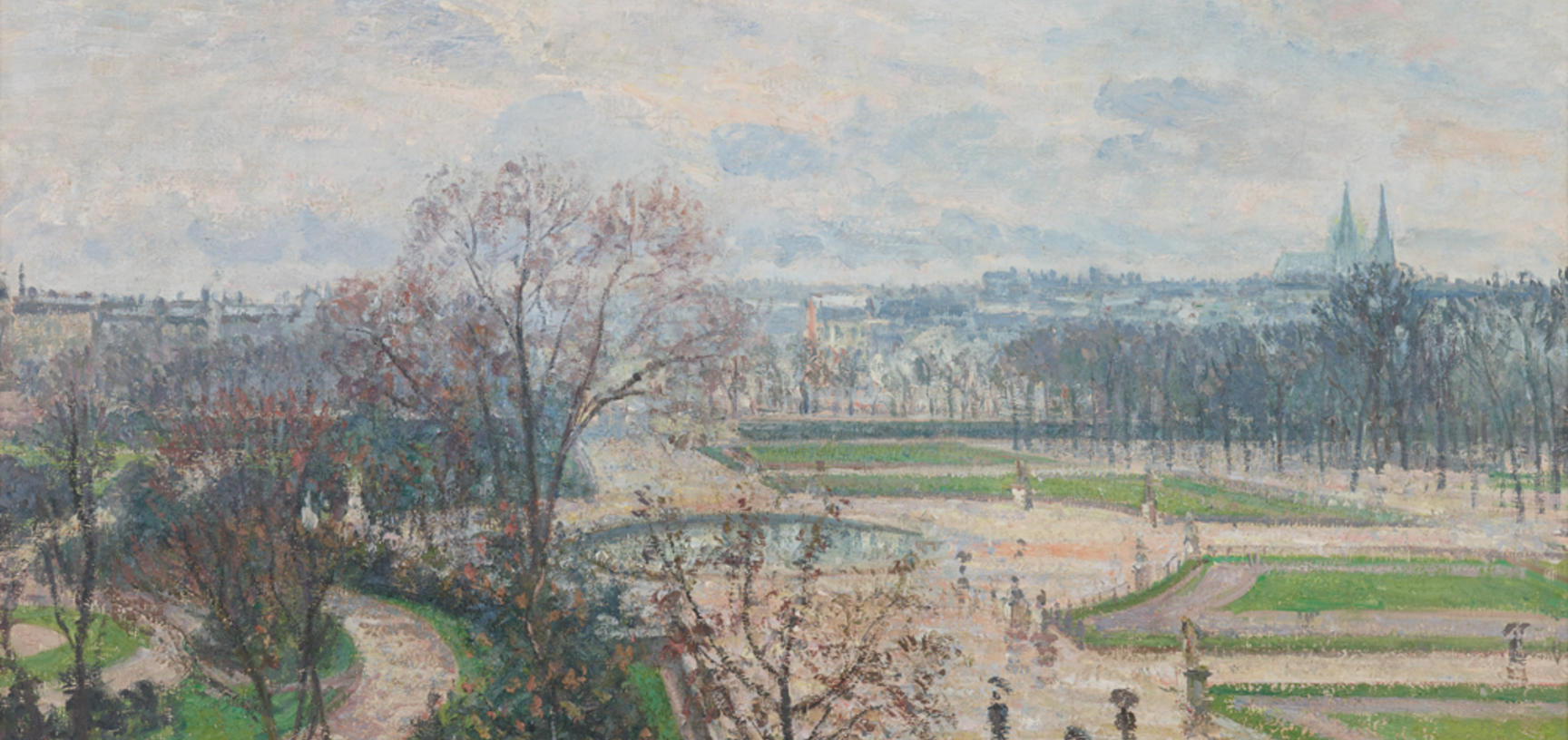 Impressionist painting by Camille Pissarro of landscaped gardens in the rain, with a cloudy sky behind