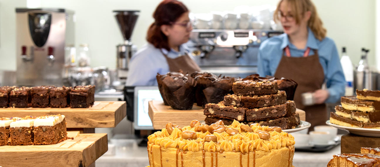 Cafe cakes and our staff at the counter in the Ashmolean cafe