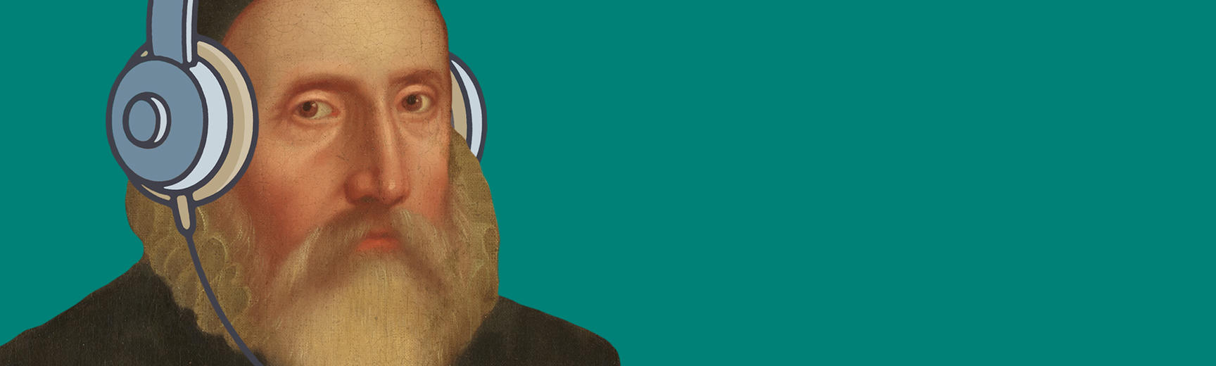 Portrait of a bearded man, illustrated with a pair of headphones