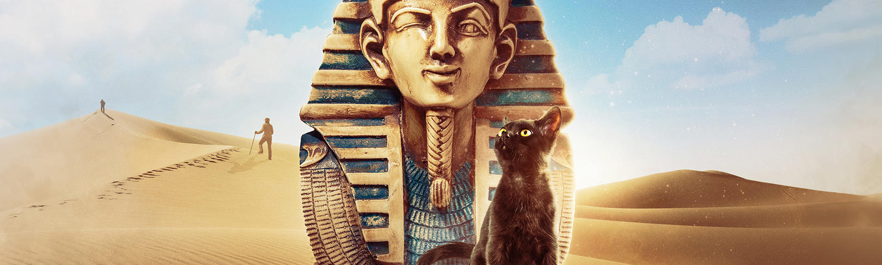 Illustration showing a winking gold bust of Tutnkhamun in the desert, with a black cat looking up at him