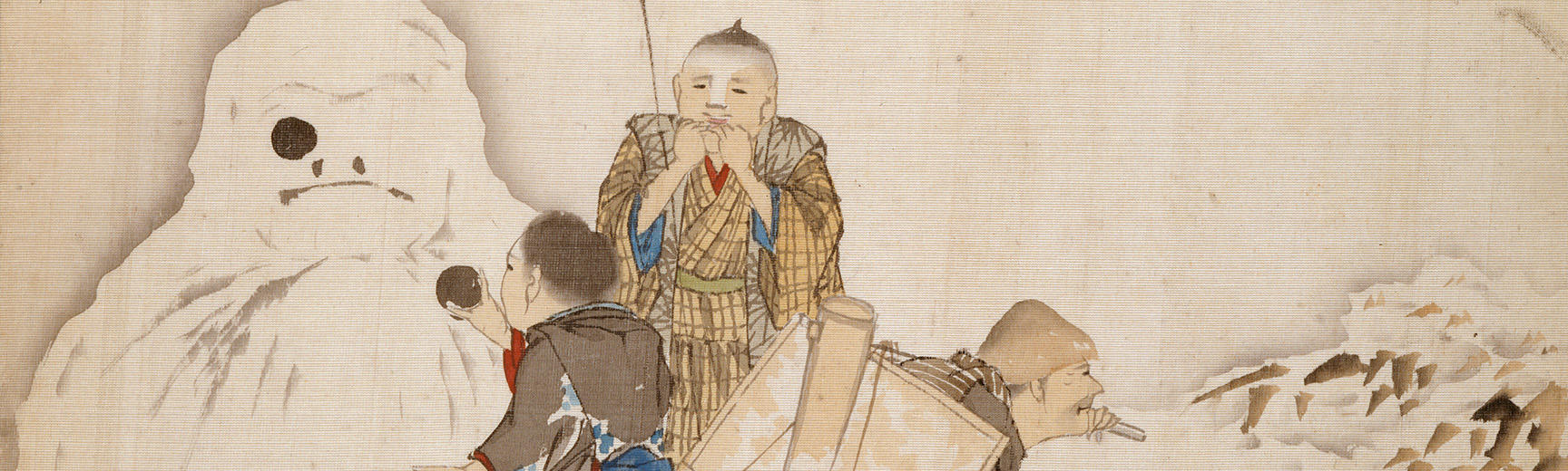 A Japanese painting of a small boy building a snowman