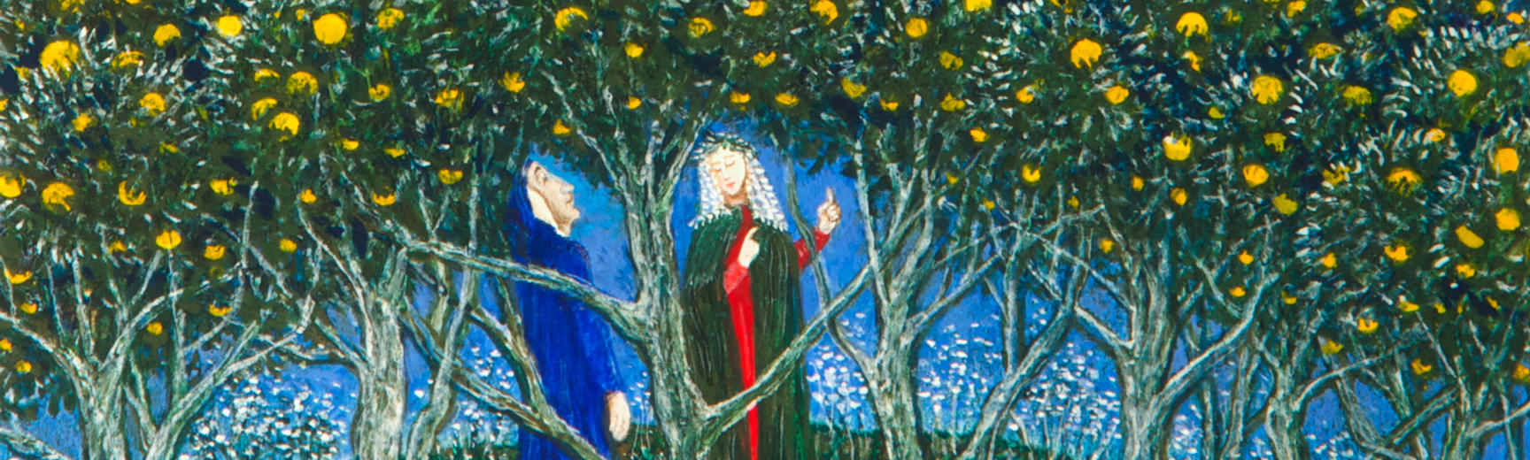 Painting of Dante and Beatrice stood amongst trees with yellow flowers on, under a deep blue sky