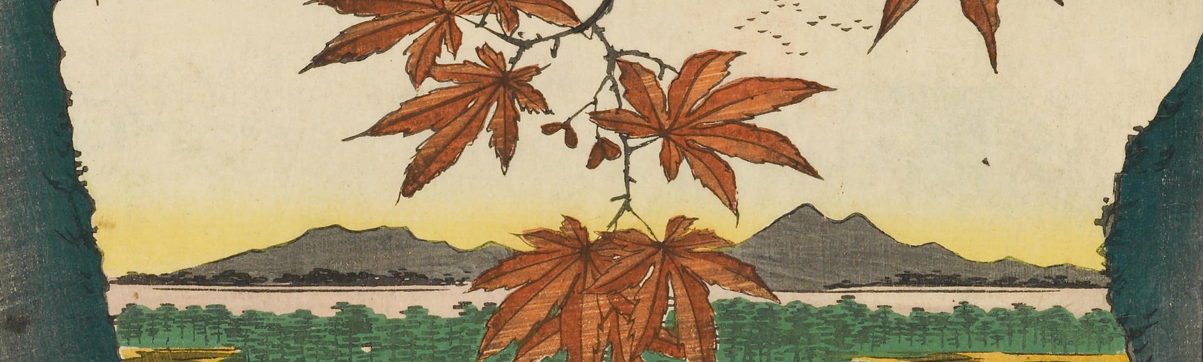 Detail from a Japanese woodblock print by Hiroshige, with maple leaves in the foreground and mount fuji and a village behind