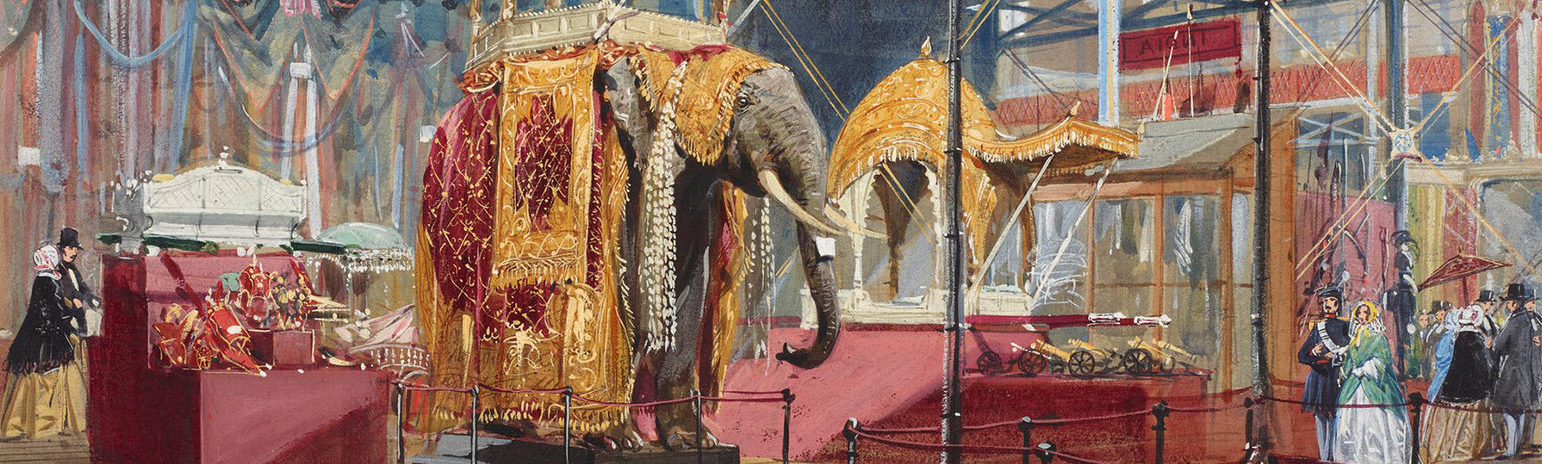 Great Exhibition: India display colour illustration showing the elephant sculpture by Joseph Nash, 1851