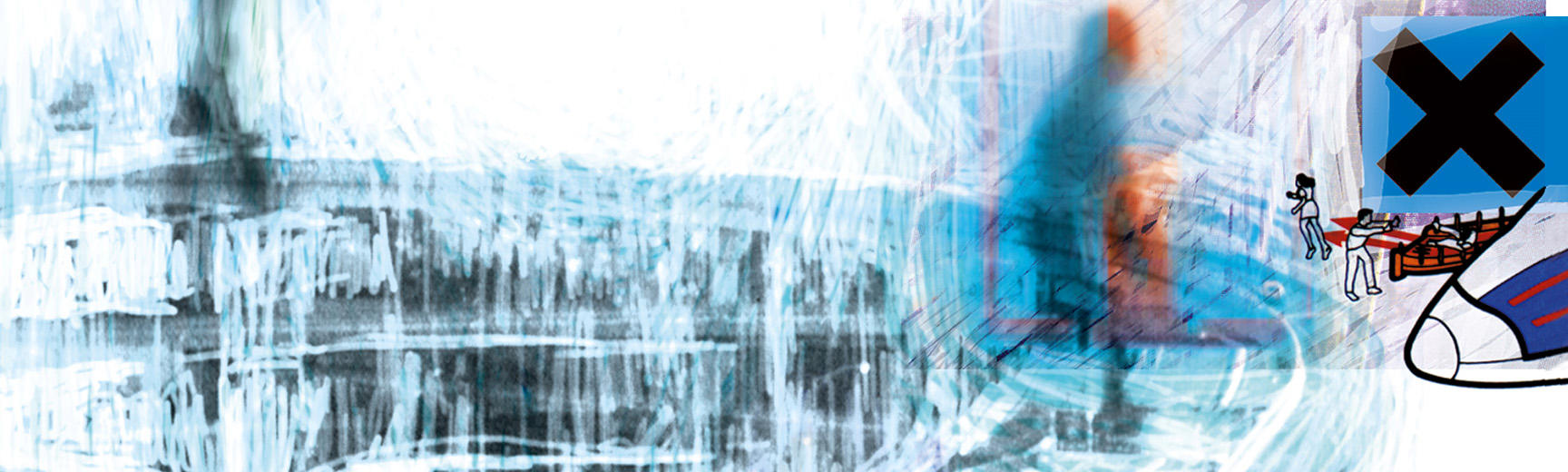 Ok Computer Radiohead album cover detail - abstract greys and blues with a blurry figure in the top right