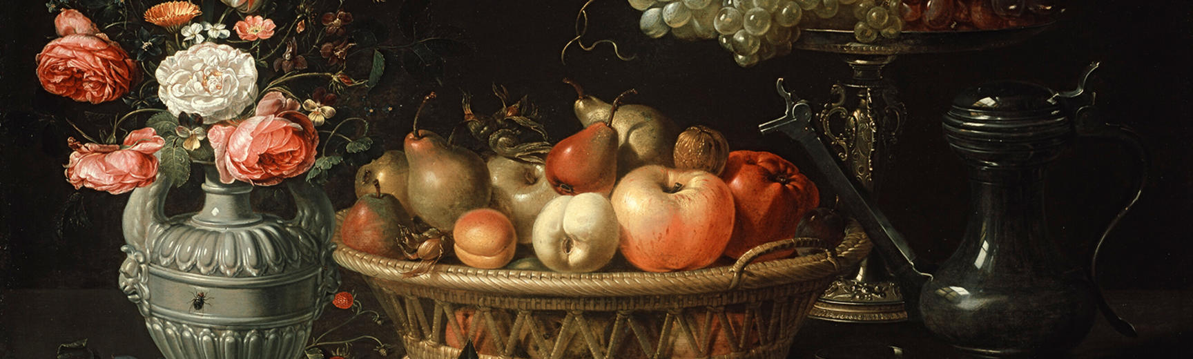 A still life painting of fruits and flowers