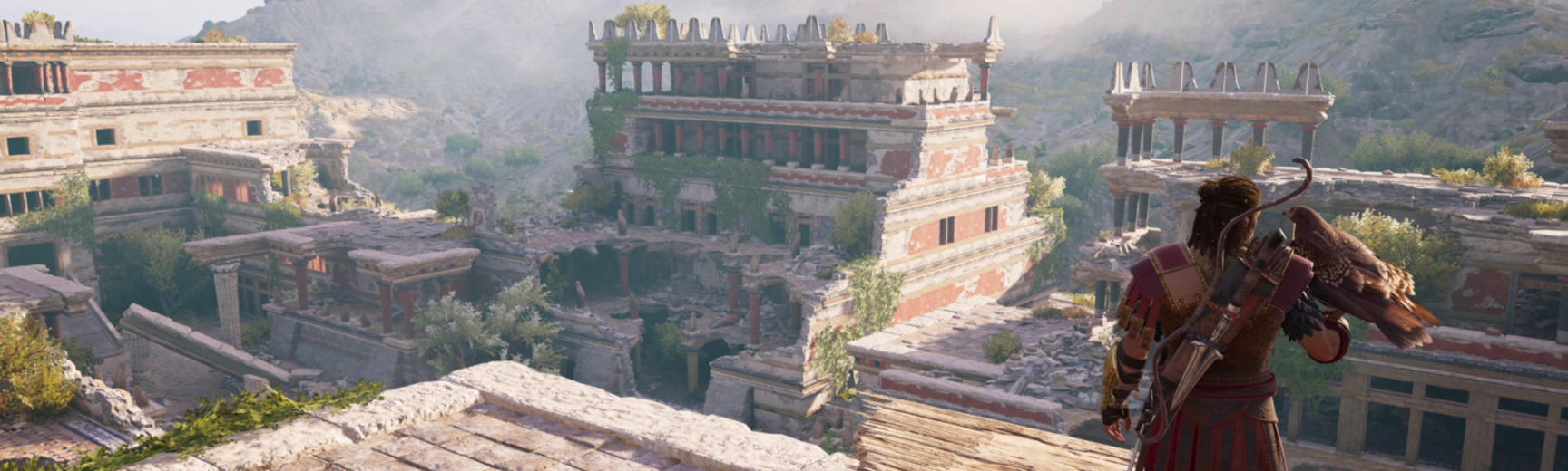 Still from the Assassin's Creed Odyssey video game with a player looking out at Knossos palace