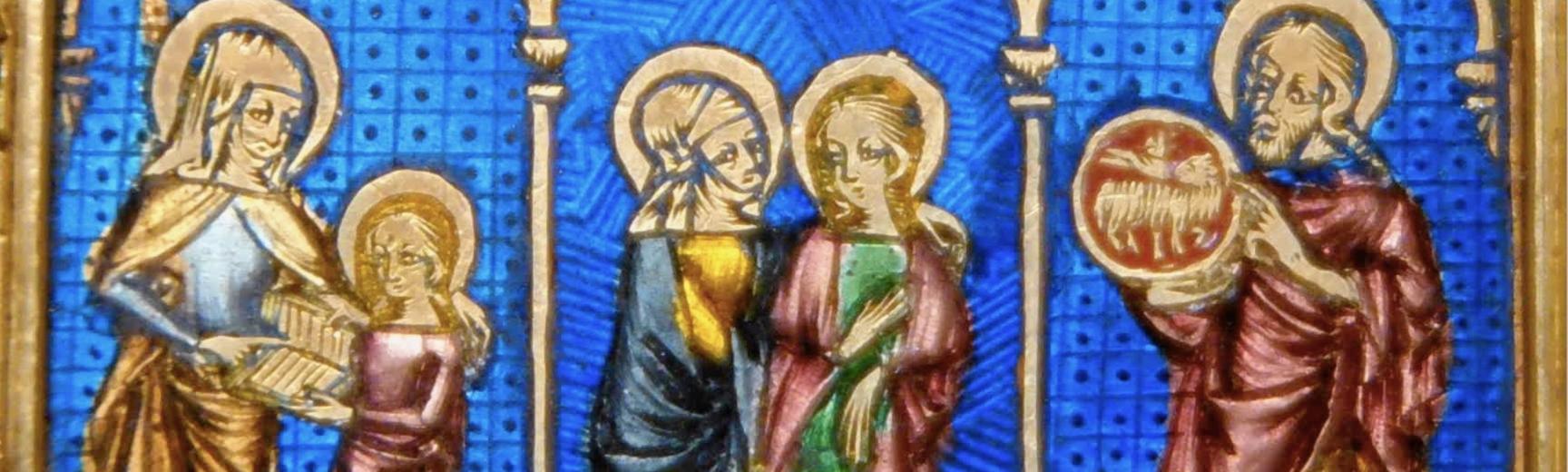 Colourful trio of Christian scenes, in gold and enamel