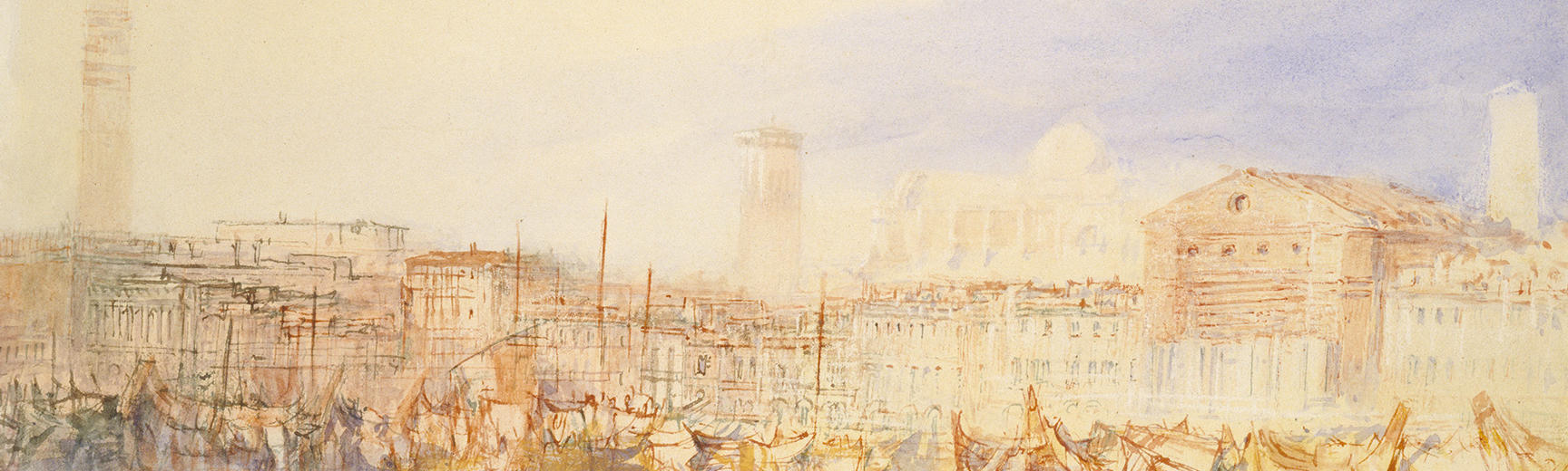 A light watercolour painting of boats in the waterfront in Venice with red and brown ink detail