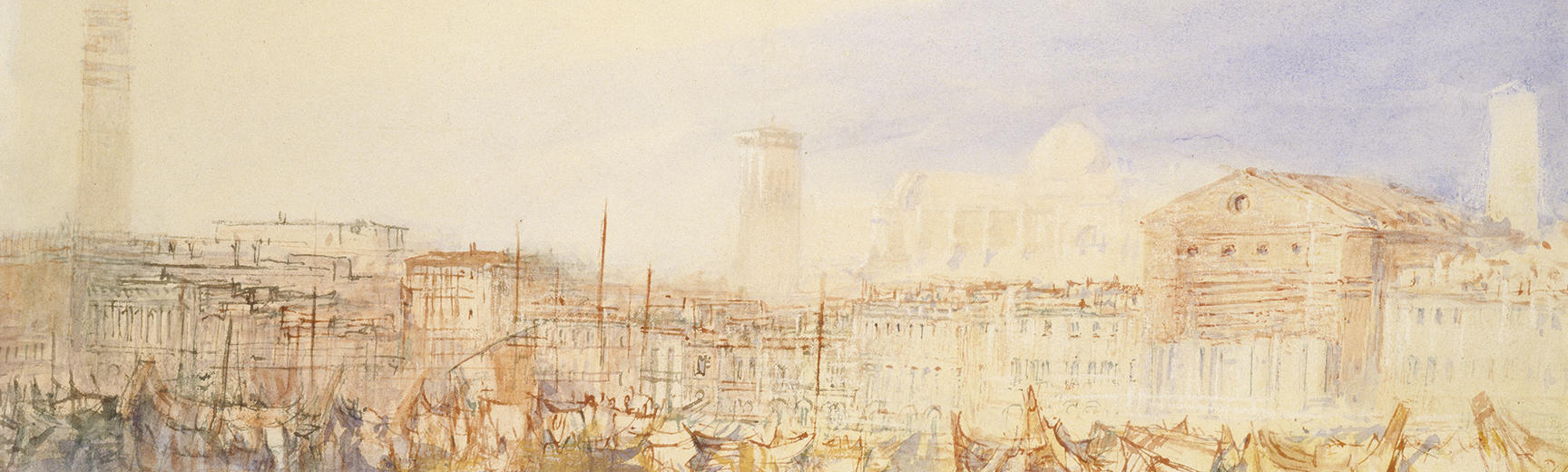 A light watercolour painting of boats in the waterfront in Venice with red and brown ink detail