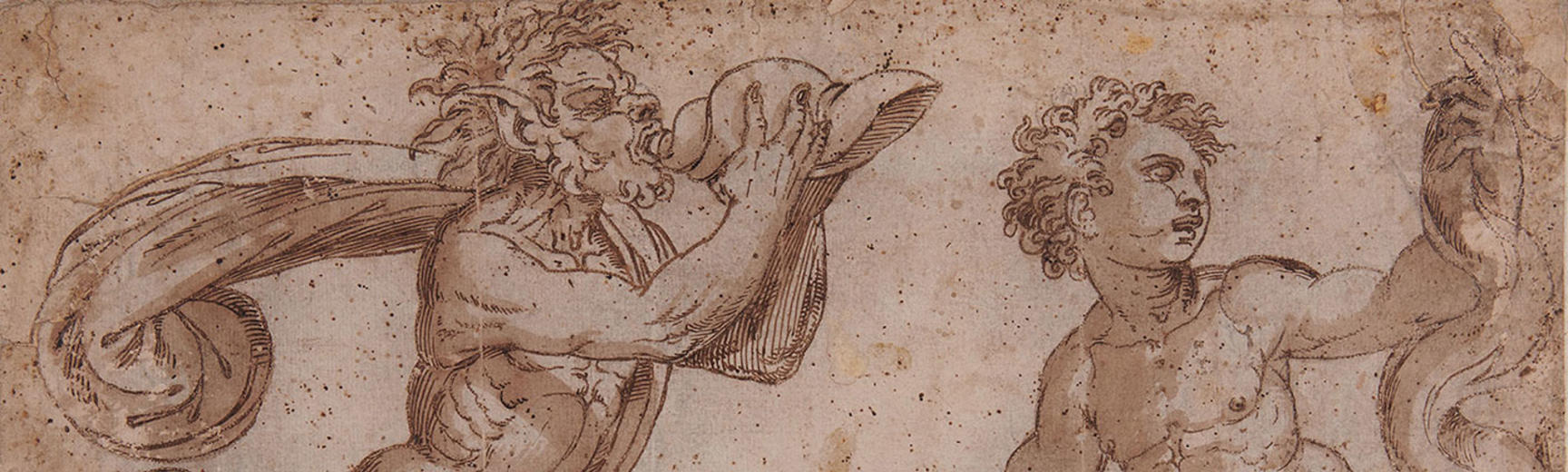 Anonymous Italian, Tuscan-Roman, Two marine deities, pen and brown ink with brown wash over black chalk