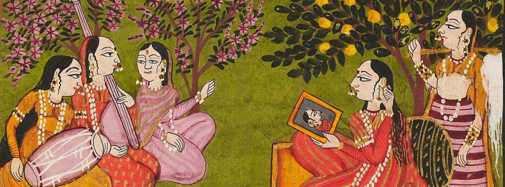 A lady seated with a mirror in a garden, with a maid and three musicians painting. c 1909. Unknown artist. Originated in the Punjab