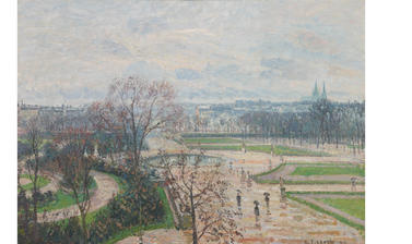 Impressionist painting by Camille Pissarro of landscaped gardens in the rain, with a cloudy sky behind