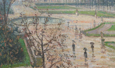 Impressionist painting by Camille Pissarro of landscaped gardens in the rain, with a cloudy sky behind