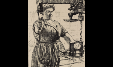 Archibald Standish Hartrick, On Munitions: Heavy Work - Drilling a Casting, 1917 © Ashmolean Museum, Presented by the Ministry of Information, WA1919.31.60