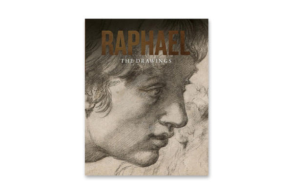 Front cover of the Ashmolean's Raphael exhibition catalogue, with a black and white drawing of a face on the cover