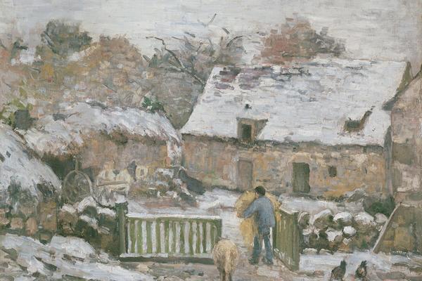 Painting by Camille Pissarro of a man opening a gate to a farmhouse in the snow
