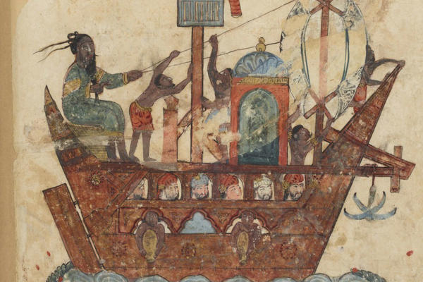 An Eastern Muslim (Indian) ship plying the Persian Gulf and Indian Ocean, Ms Ar 5847 f.119v, Abu Zayd and Al-Harith sailing from Basra to Oman, miniature from Maqamat of al-Hariri (The Meetings), c.1240 by Yahya ibn Mahmud Al Wasiti,  Gouache on Paper