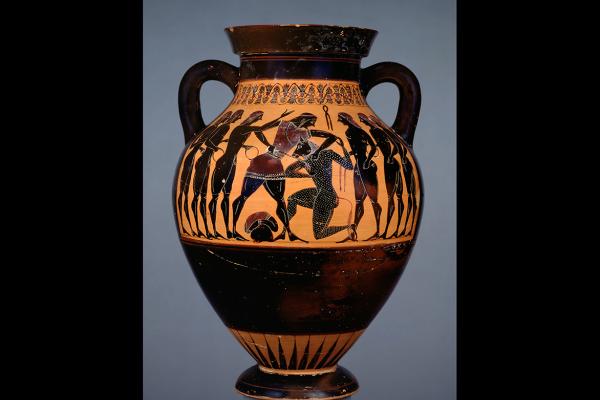 Attic black-figure pottery amphora depicting a mythological scene 