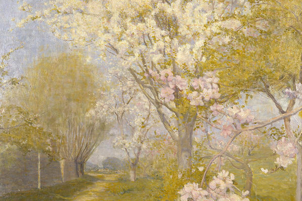 A landscape painting of tree-lined a pathway in spring