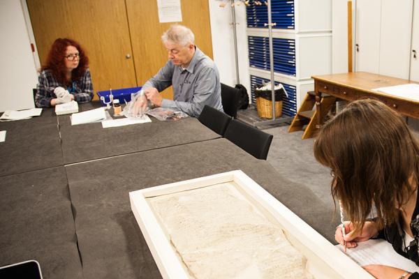 Seated researchers investigate objects at a table in a collections study room