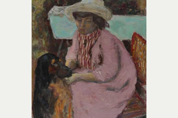 Oil painting by Pierre Bonnard of Marthe Bonnard, wearing a pink dress and white hat, and a dog