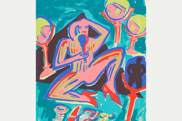 Colourful screenprint of a figure made by Elvira Bach in 1983
