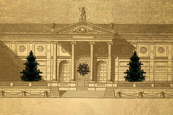 Drawing of the front of the Ashmolean Museum in black and gold, with Christmas trees in front