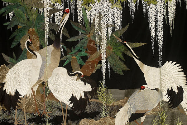 Image depicting three black and white cranes against a backdrop of cycads and wisteria - EA1958.81