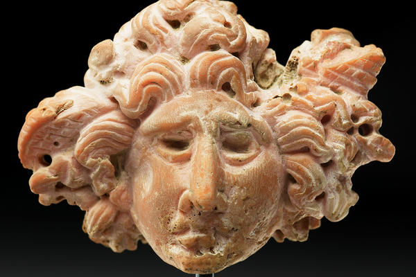 An ancient head of Medusa on a stand made out of red coral with serpent's hair billowing out of the staring face