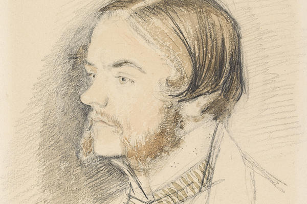 Portrait drawing of John Everett Millais in profile, looking left