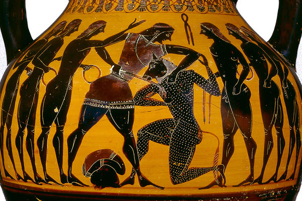 black figure pot of a mythological scene