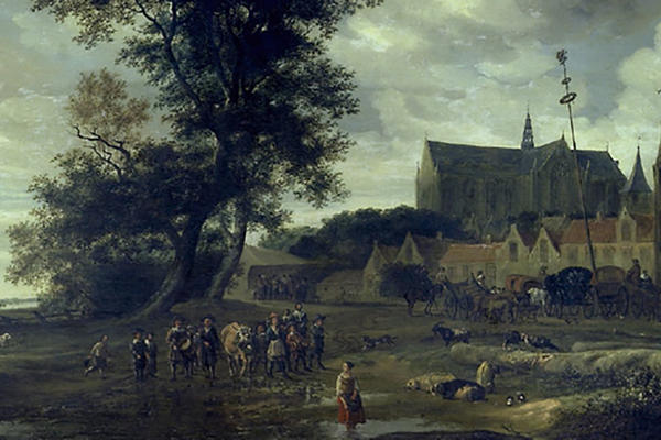 Landscape with a group of people in the forefront and a church in the background