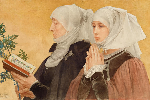 Landscape watercolour of two woman praying with a gold background