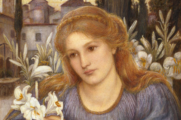 A painting of a woman with red hair, in a purple dress, holding white flowers and resting on an open book