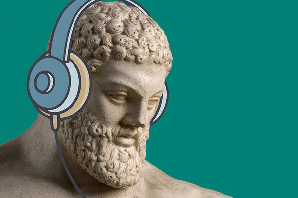 Cast of a sculpture, illustrated to be wearing headphones