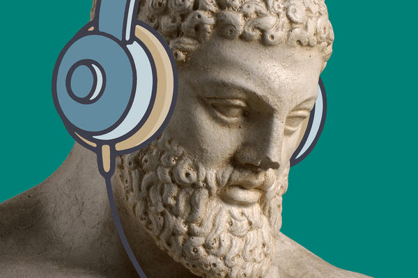 Cast of a sculpture, illustrated to be wearing headphones