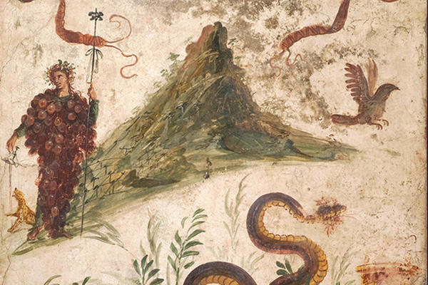 Fresco depicting Bacchus covered in grapes standing by Mount Vesuvius 