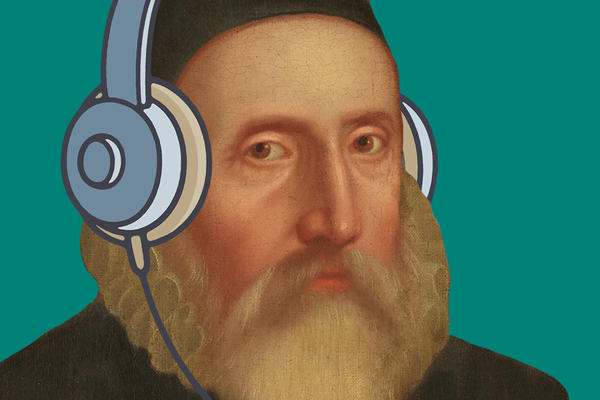 Portrait of a bearded man, illustrated with a pair of headphones