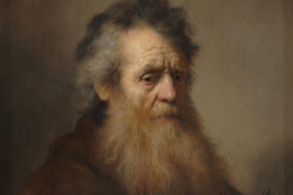 A painting of an old man with a long beard against a plain background.