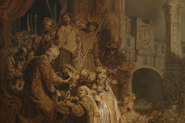 Painting with a group people in the left foreground and a clock tower in the background showing Christ before Pilate, by Rembrandt