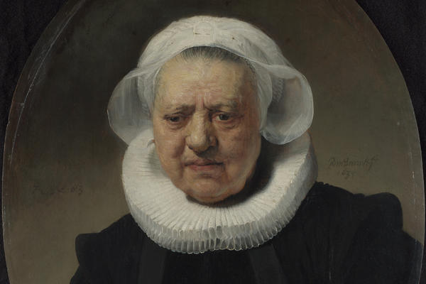 An oval-shaped painting of an old woman wearing a black dress with a white ruff and cap against a plain background.