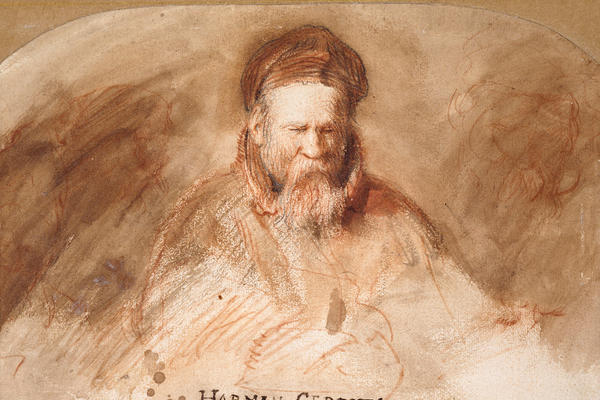 An impressionistic watercolour in brown and red tones depicting an old man with a long beard.